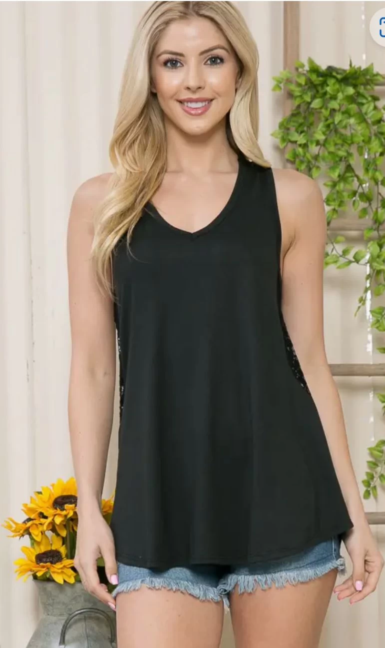 V-Neck Sleeveless Top With Side Lace Detail - Black