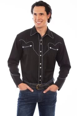 Scully Solid Shirt With Candy Cane Piping - Black