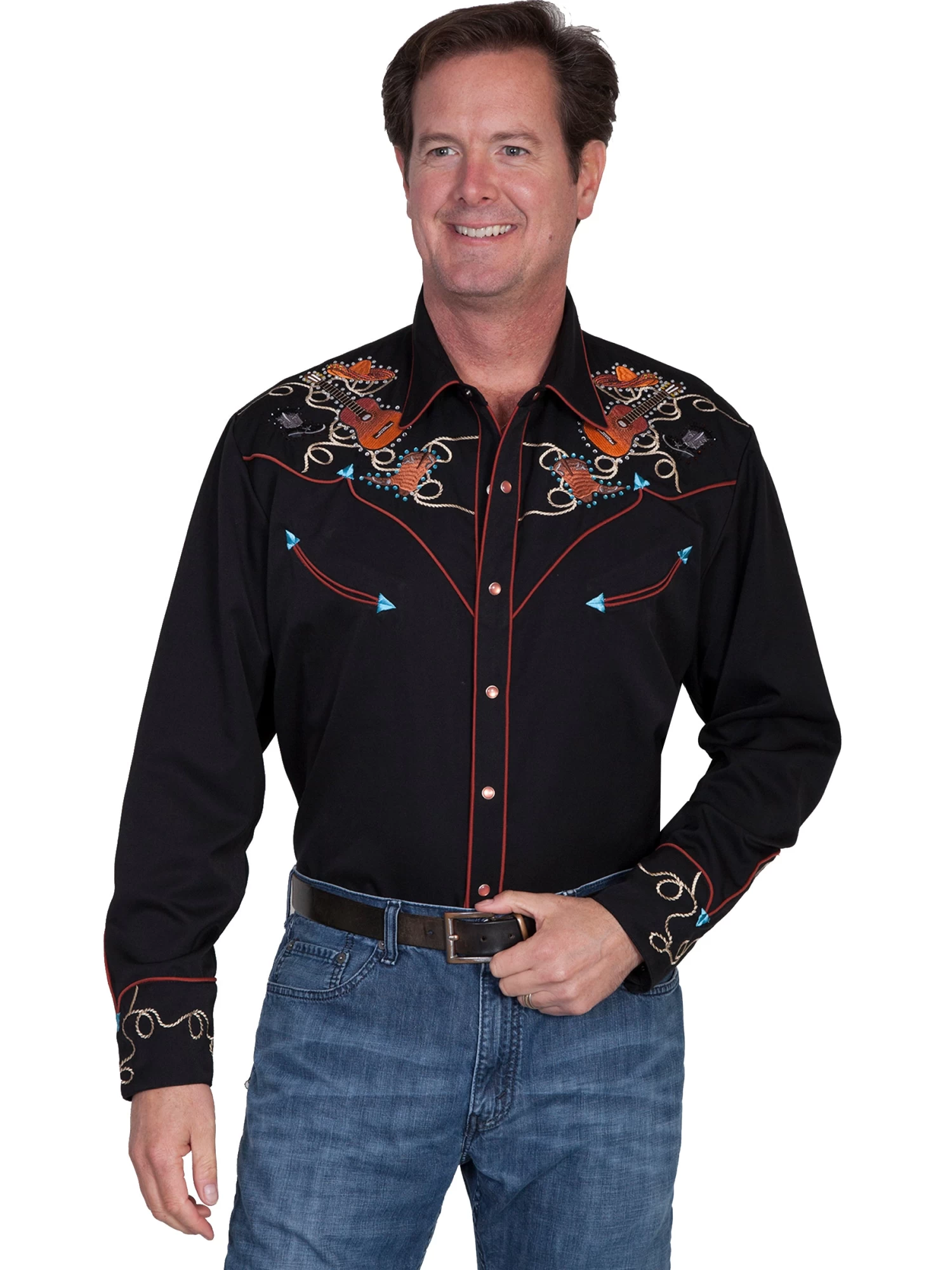 Scully Boots, Hats, And Guitars Embroidery Shirt
