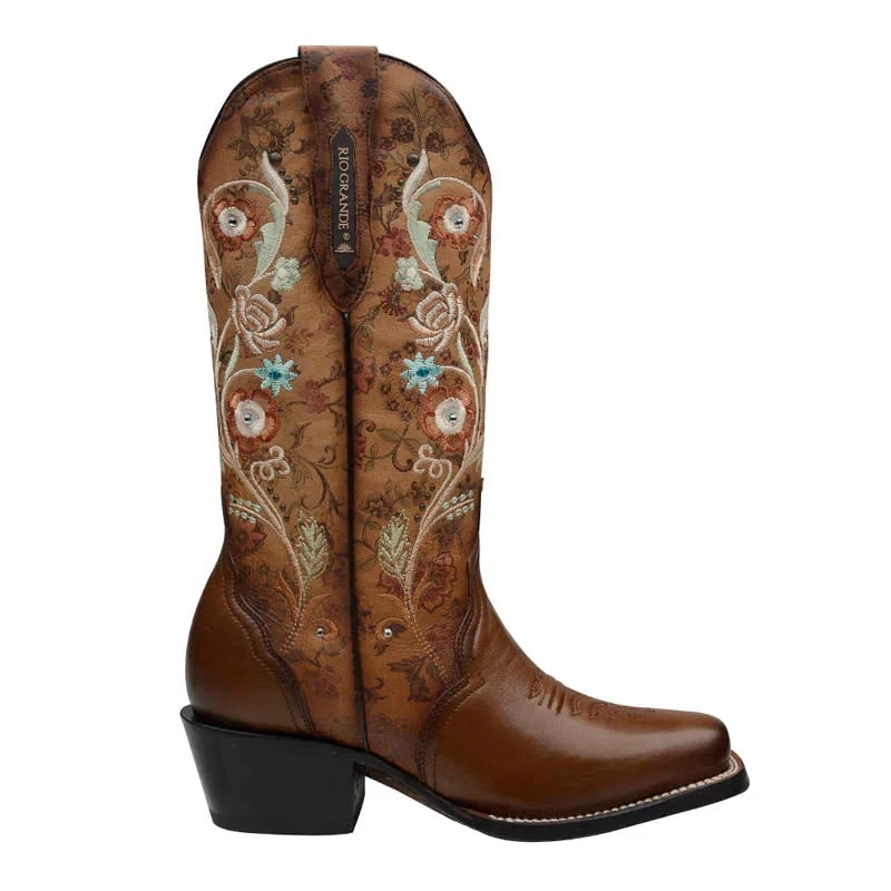 Rio Grande Womens Pacific Embroidered Flowers With Cowboy Heel Boot - Ocre - Image 2
