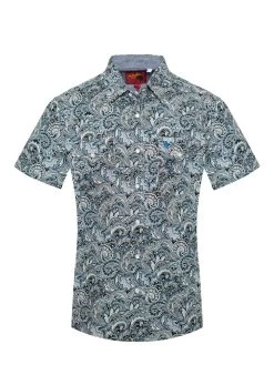 Rodeo Mens Short Sleeve Blue Paisley Snap Shirt