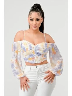 Watercolor Print Off Shoulder Ruched Corset Top - Lavender