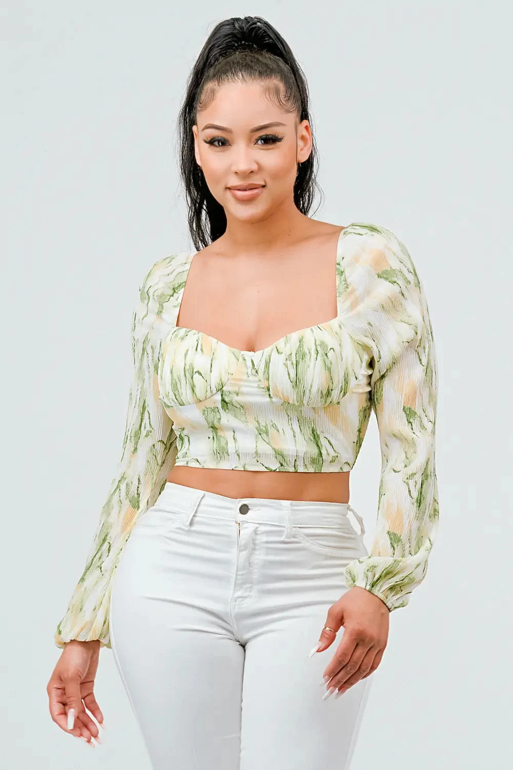 Pleated Chiffon Print Sweetheart Smocked Top - Image 2