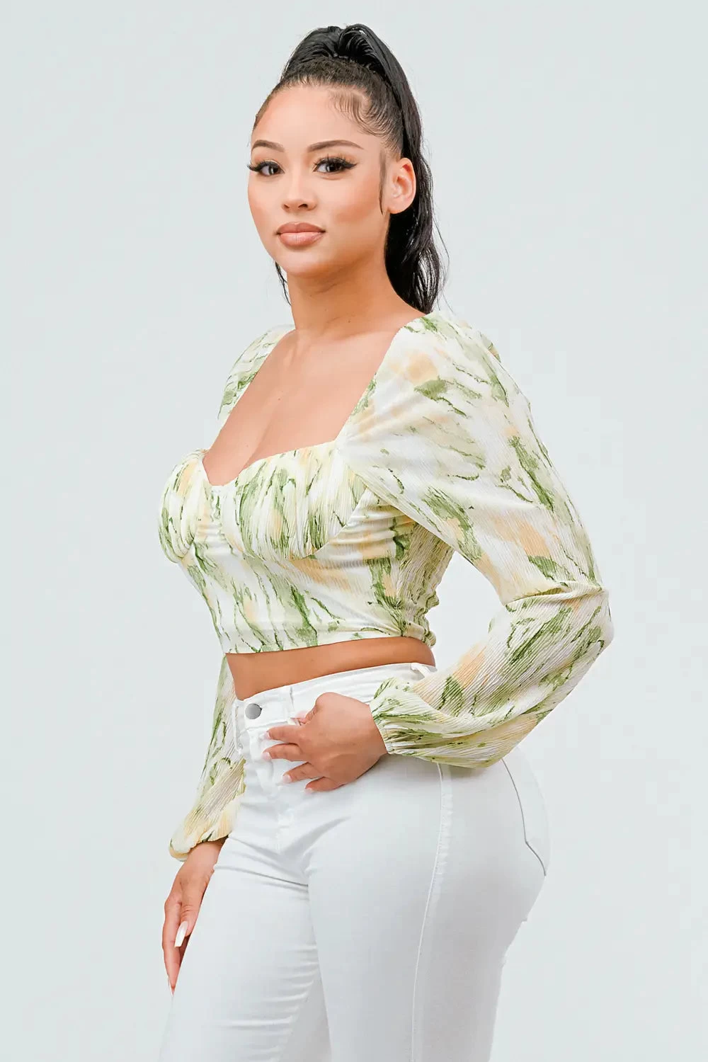 Pleated Chiffon Print Sweetheart Smocked Top - Image 3