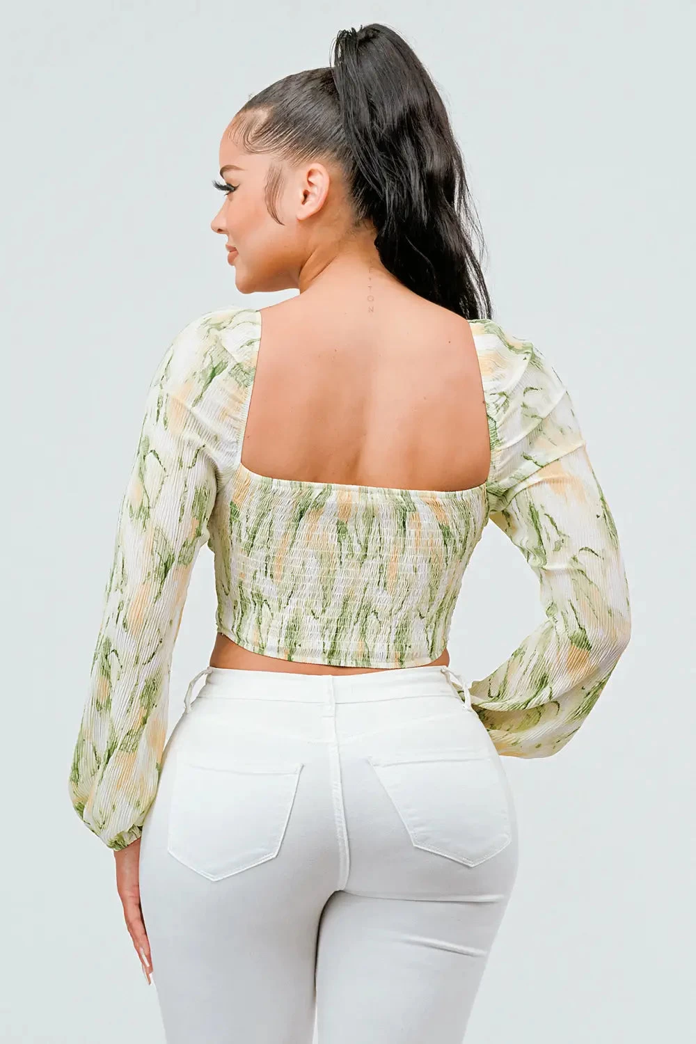 Pleated Chiffon Print Sweetheart Smocked Top - Image 4