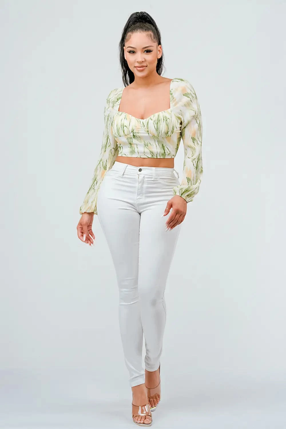 Pleated Chiffon Print Sweetheart Smocked Top - Image 5