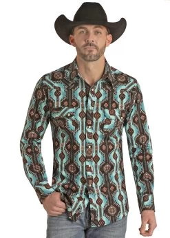 Rock & Roll Men's Aztec Poplin Print - Teal/Brown