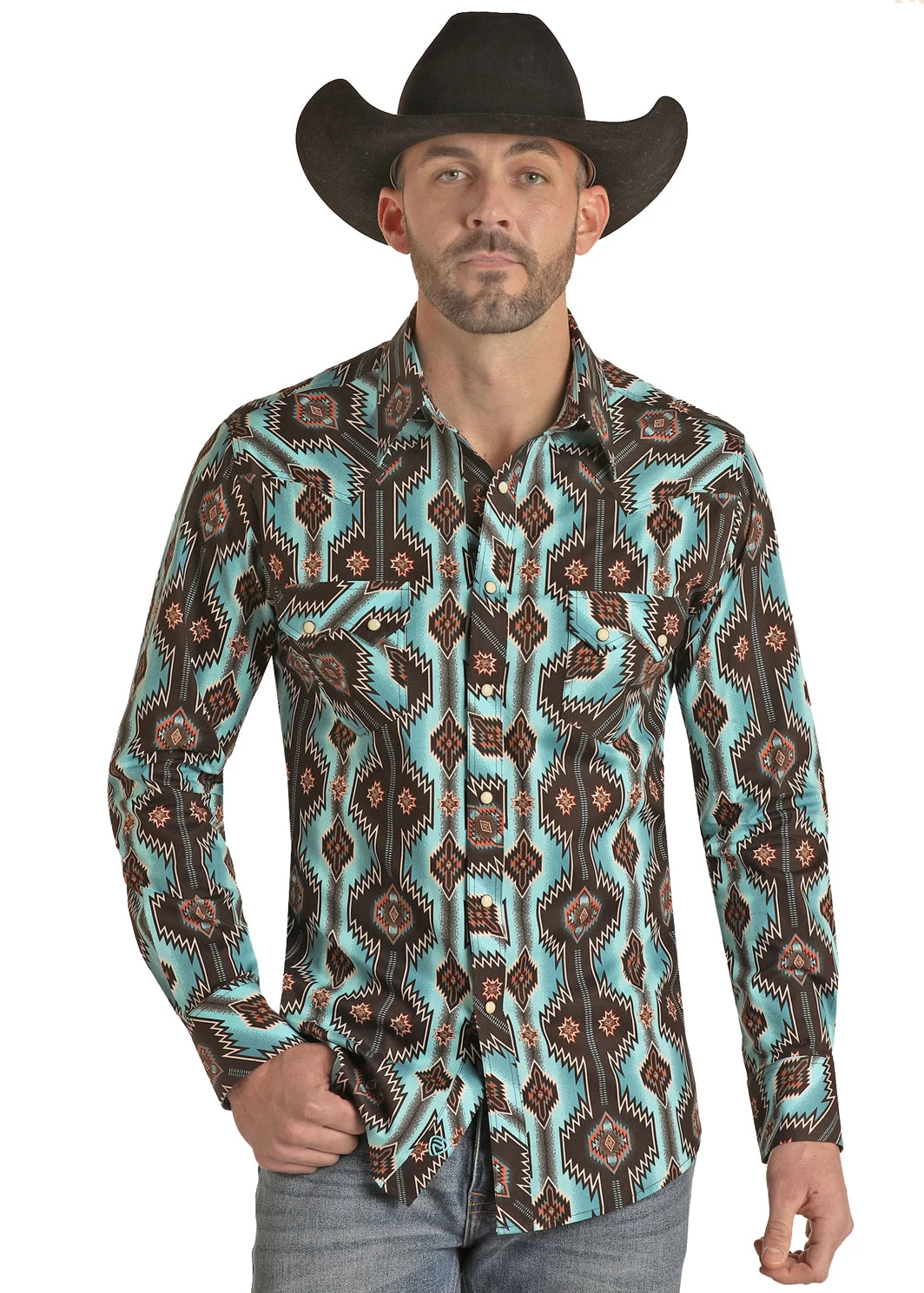 Rock & Roll Men's Aztec Poplin Print - Teal/Brown