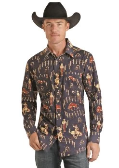 Rock & Roll Men's Aztec Poplin Print - Cowboy/Bull Print