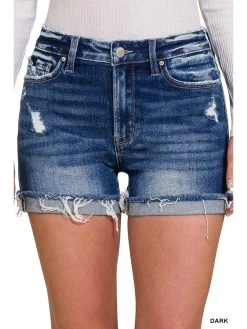 Distressed Cuffed Raw Hem Shorts - Denim