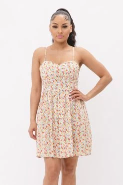 Floral Print Smoked Back Spaghetti Flare Dress - Yellow Lavendar