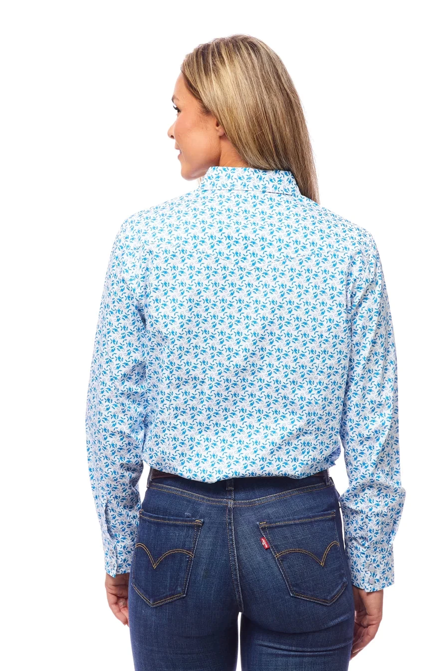 Rodeo Women Long SLeeve Blue & White Snap Western Shirt - Image 3