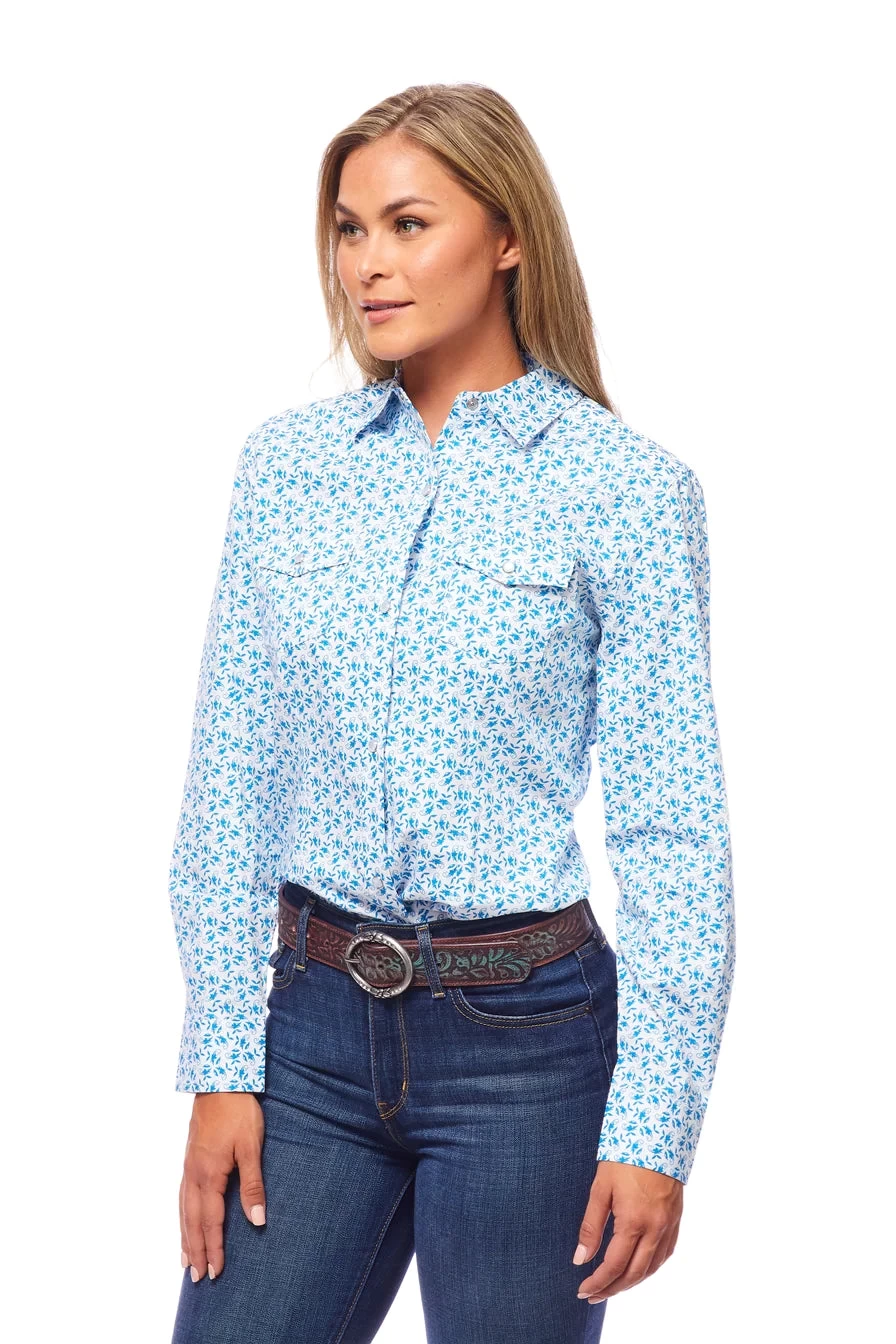 Rodeo Women Long SLeeve Blue & White Snap Western Shirt - Image 5