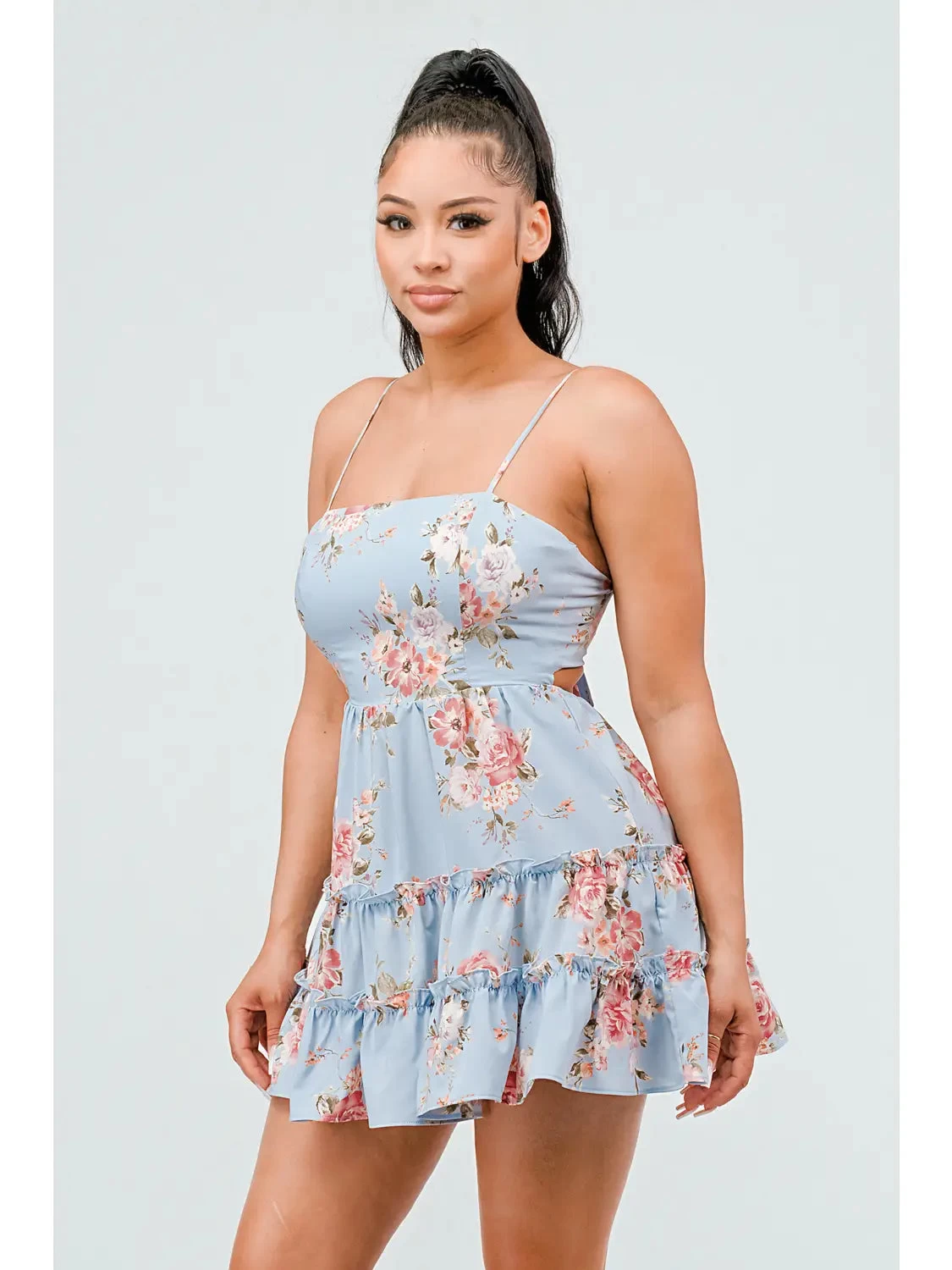 Floral Print Fit And Flare Ruffled Mini Dress - Light Blue - Image 2