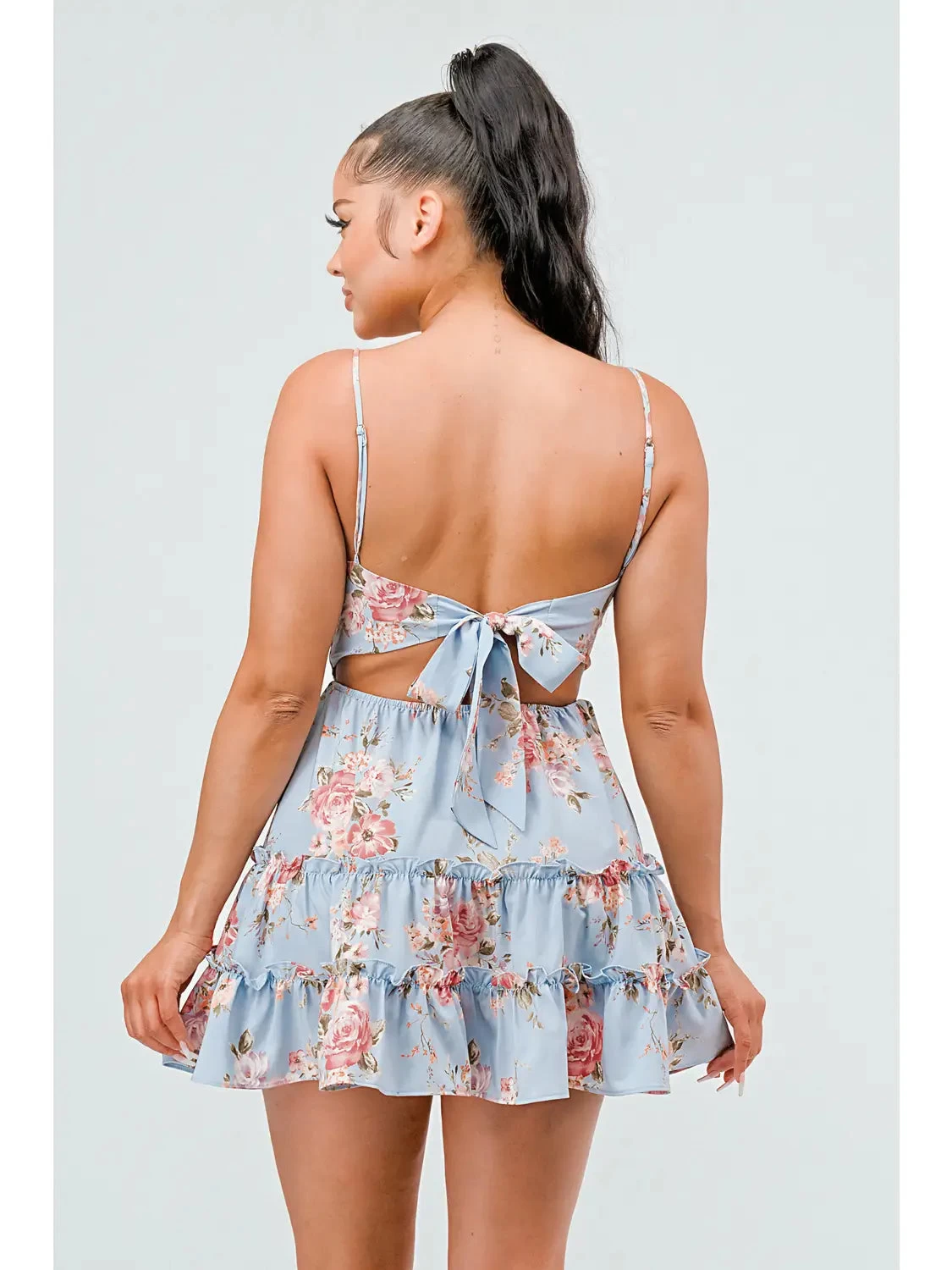 Floral Print Fit And Flare Ruffled Mini Dress - Light Blue - Image 3