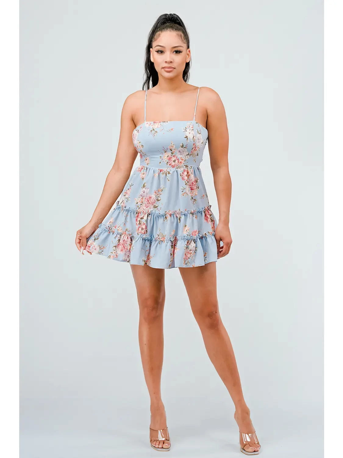 Floral Print Fit And Flare Ruffled Mini Dress - Light Blue - Image 4