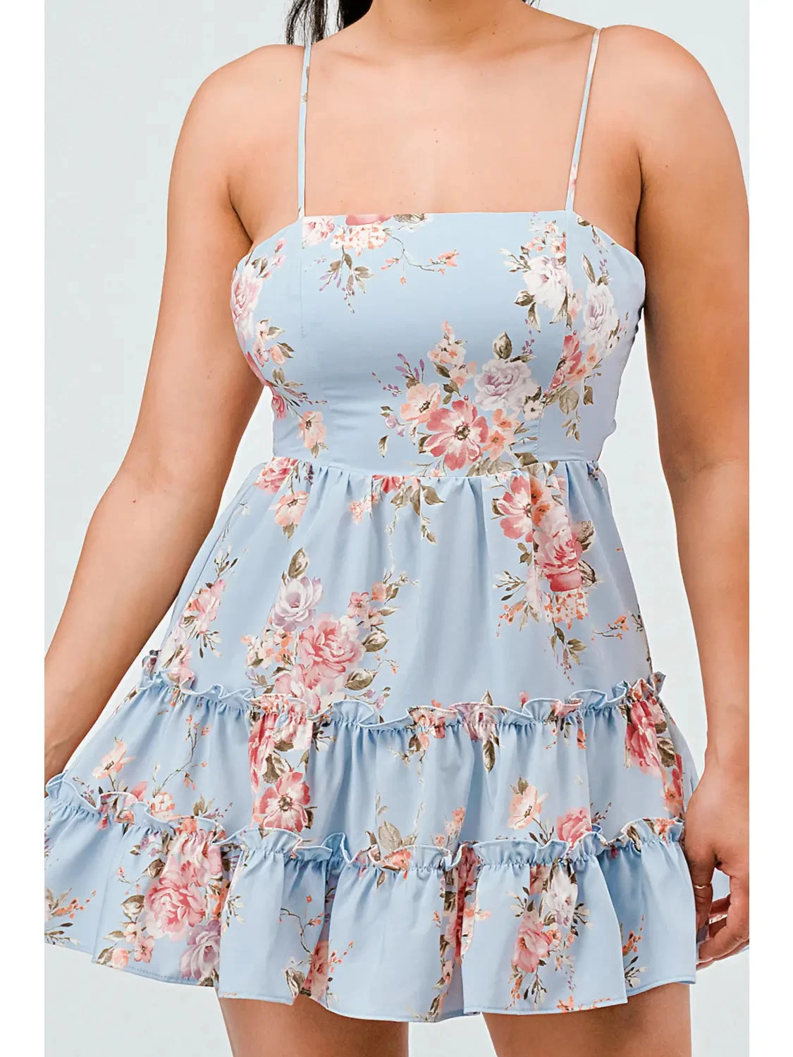 Floral Print Fit And Flare Ruffled Mini Dress - Light Blue - Image 5