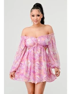 Floral Pebble Chiffon Print Ruffle Mini Dress - Pink