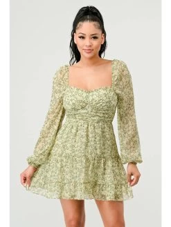 Floral Sweetheart Ruffled Smocked Mini Dress - Sage