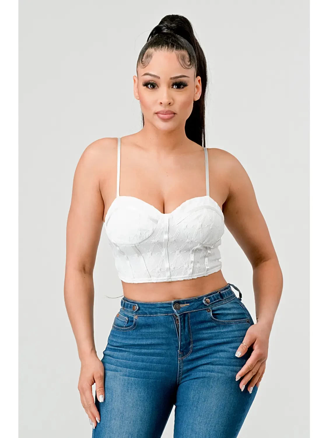 Lux Super Stretch Mesh Pattern Layered Bustier Top - White
