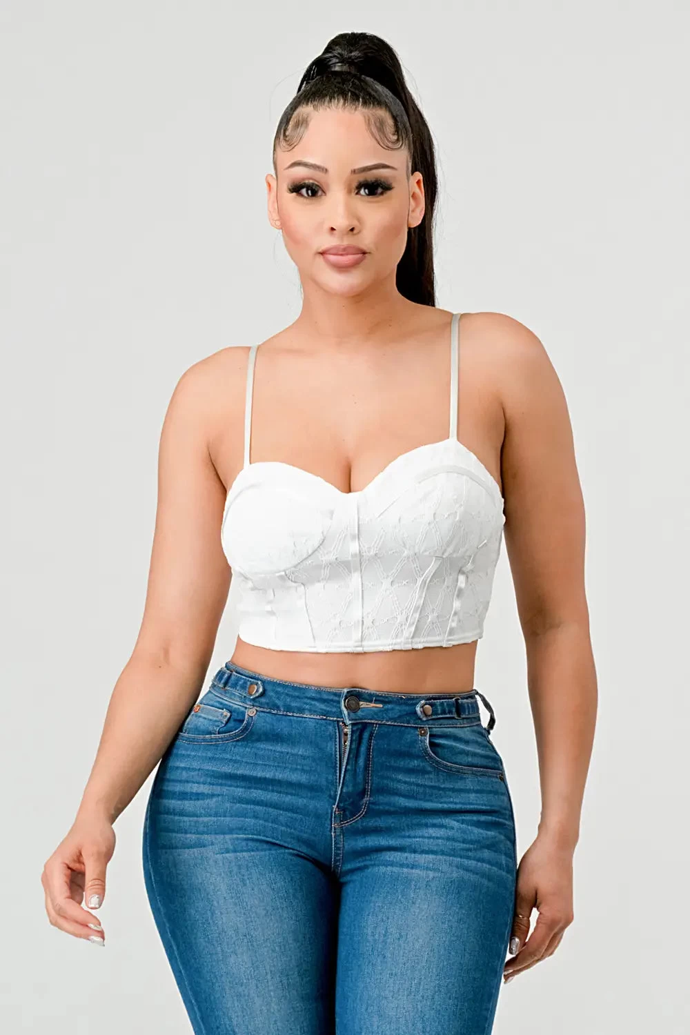 Lux Super Stretch Mesh Pattern Layered Bustier Top - White - Image 2