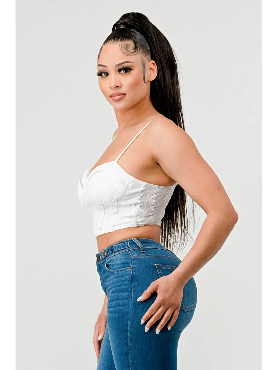 Lux Super Stretch Mesh Pattern Layered Bustier Top - White - Image 3