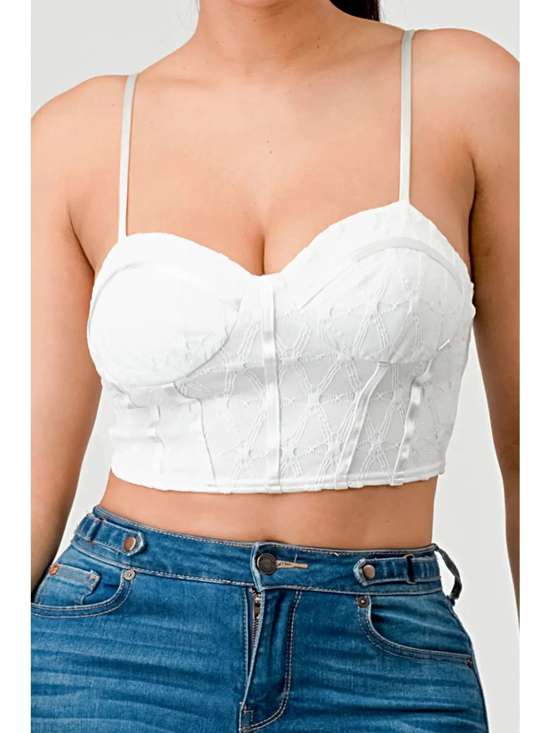 Lux Super Stretch Mesh Pattern Layered Bustier Top - White - Image 6