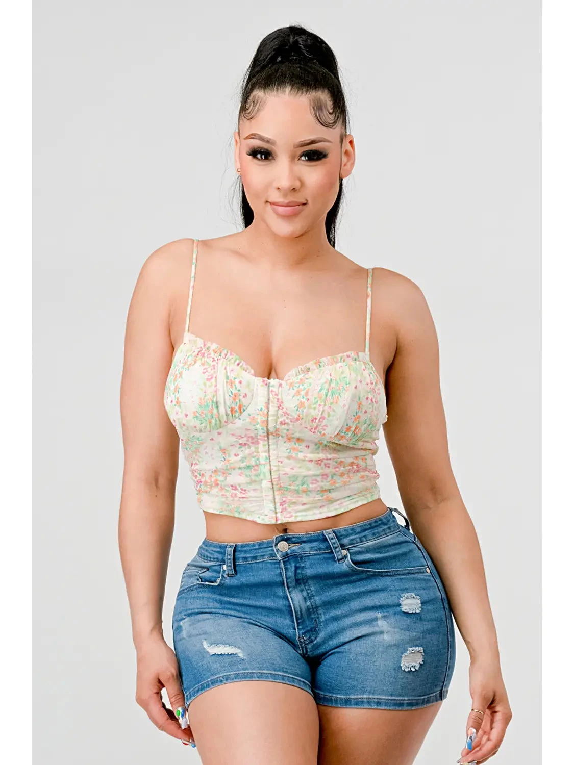 Floral Sweetheart Ruffled Hook Cami Bustier Top Pink/Green