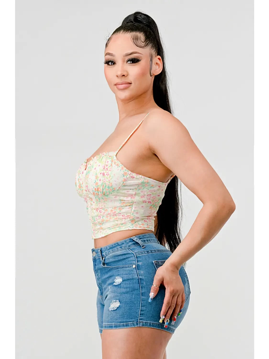 Floral Sweetheart Ruffled Hook Cami Bustier Top Pink/Green - Image 2