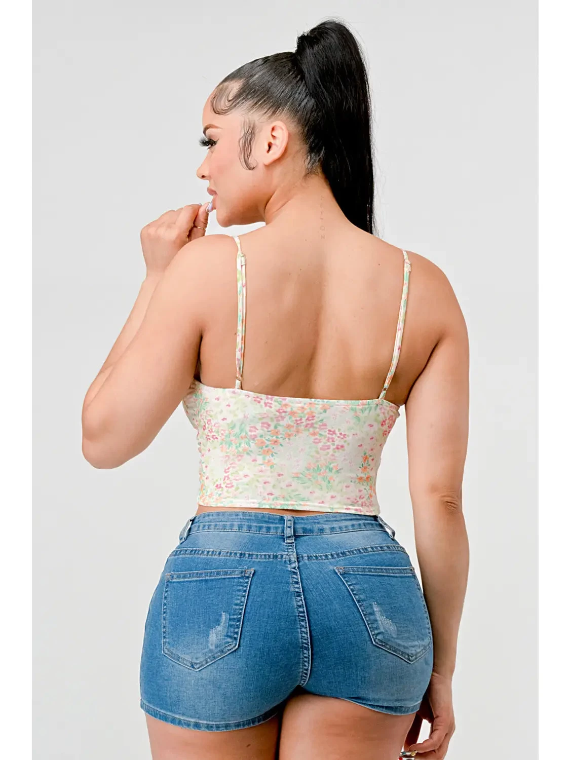 Floral Sweetheart Ruffled Hook Cami Bustier Top Pink/Green - Image 3