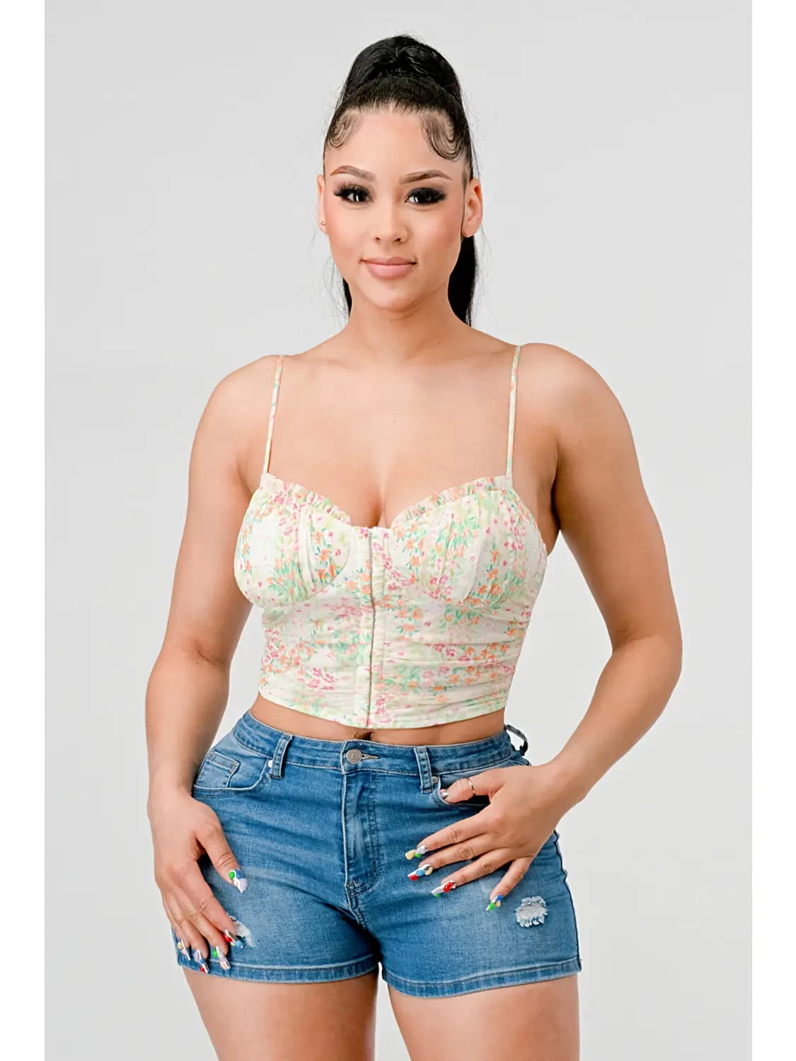 Floral Sweetheart Ruffled Hook Cami Bustier Top Pink/Green - Image 4