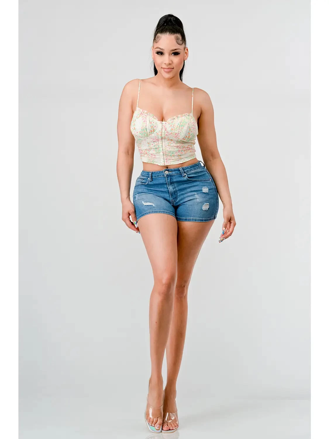 Floral Sweetheart Ruffled Hook Cami Bustier Top Pink/Green - Image 5