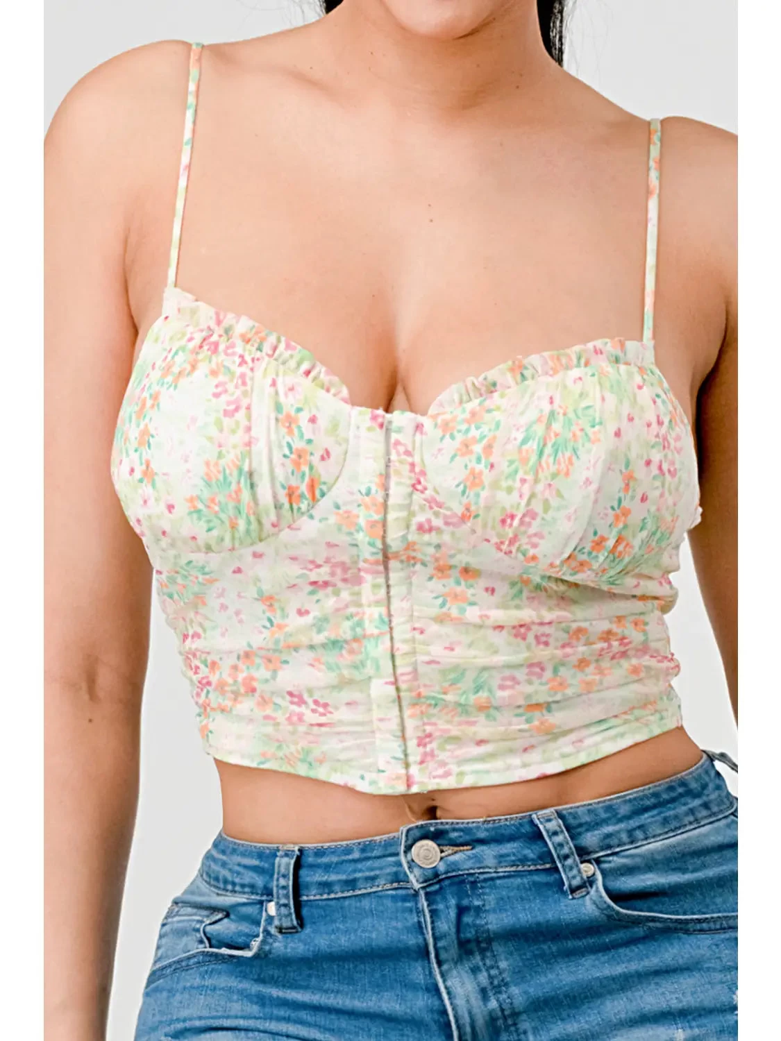 Floral Sweetheart Ruffled Hook Cami Bustier Top Pink/Green - Image 6