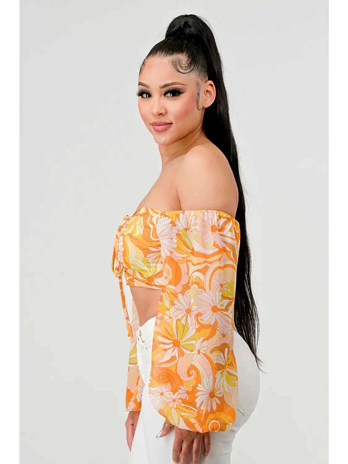 Floral Marble Print Smocked Off Shoulder Crop Top - Yellow - Image 2