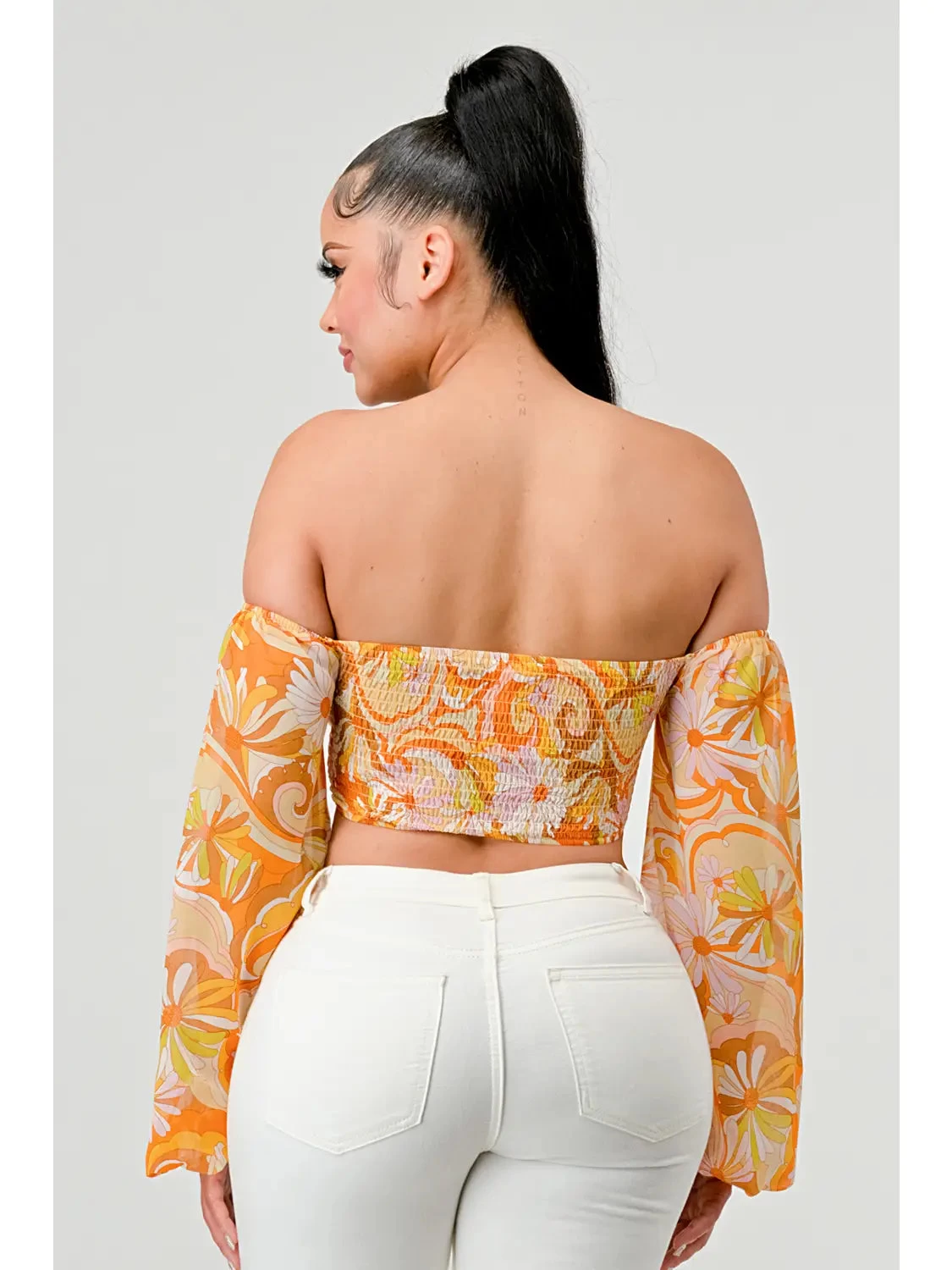 Floral Marble Print Smocked Off Shoulder Crop Top - Yellow - Image 3