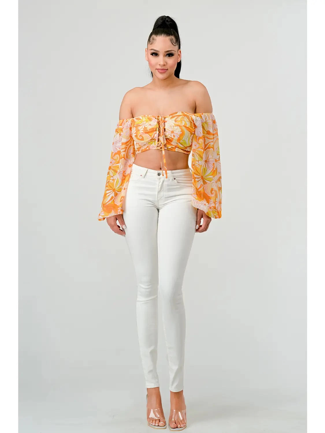 Floral Marble Print Smocked Off Shoulder Crop Top - Yellow - Image 4