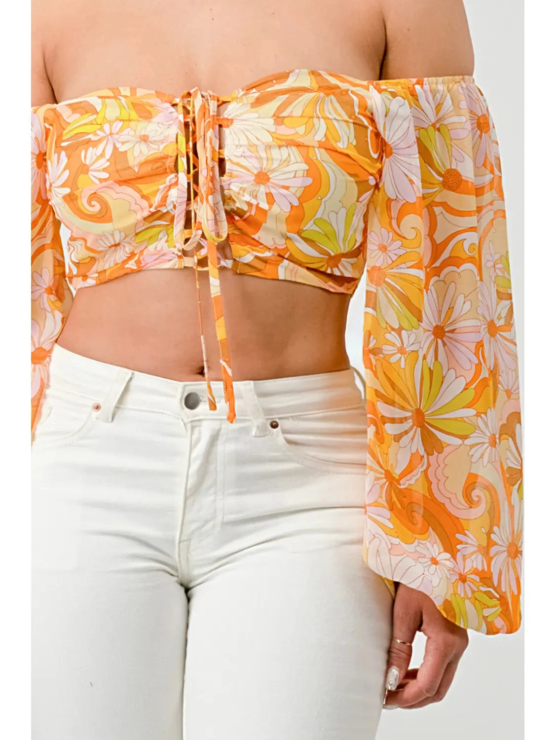 Floral Marble Print Smocked Off Shoulder Crop Top - Yellow - Image 5