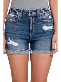 Distressed Cuffed Raw Hem SHorts - Medium Wash Denim